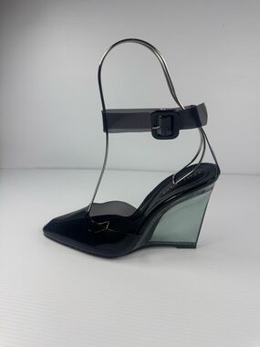 Azalea Wang Marco Smoke Wedge Heels Black Transparent Lucite Heel Pumps NIB